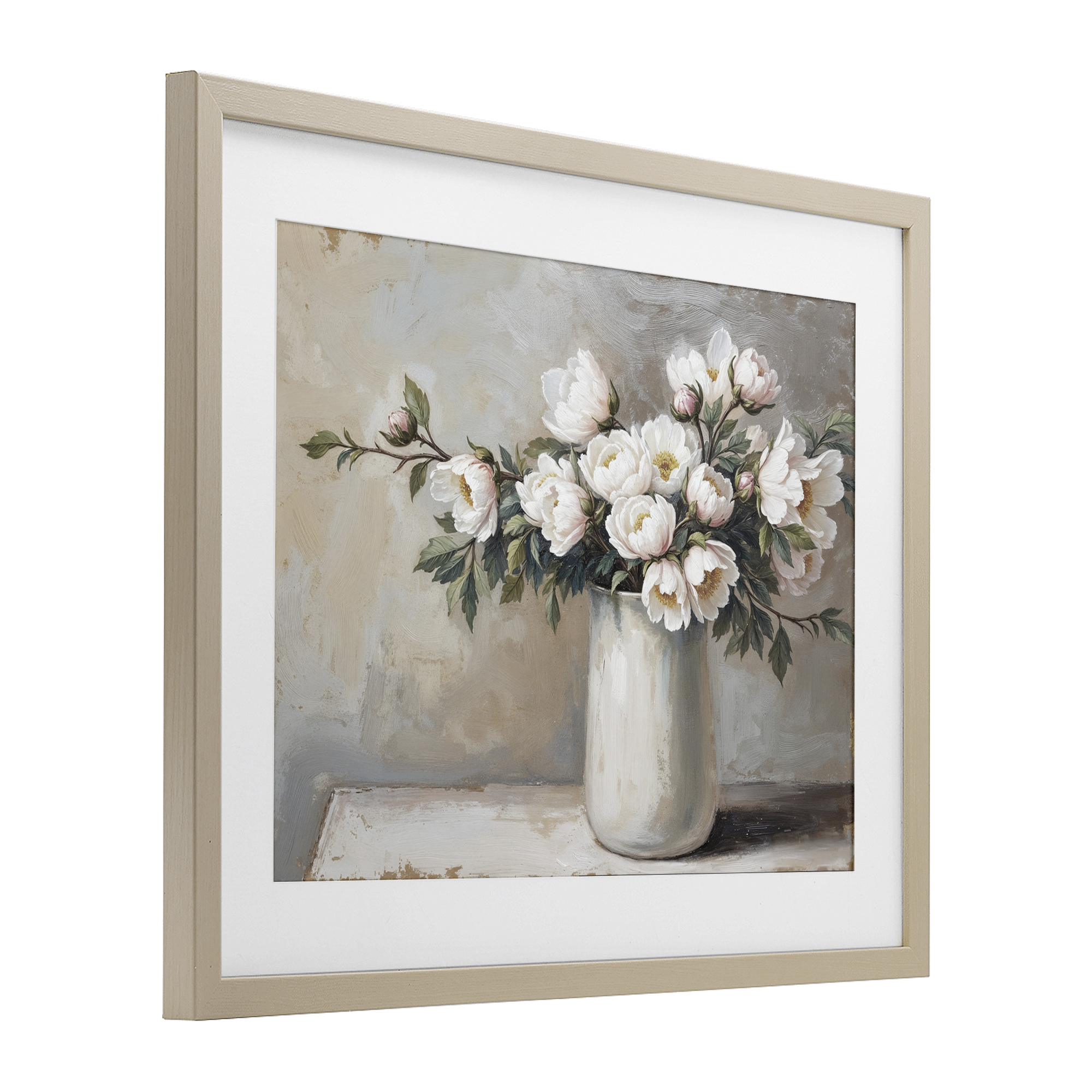 White Flowers in Vase Still Life Birch Framed Print Under Glass, design by Lettered and Lined