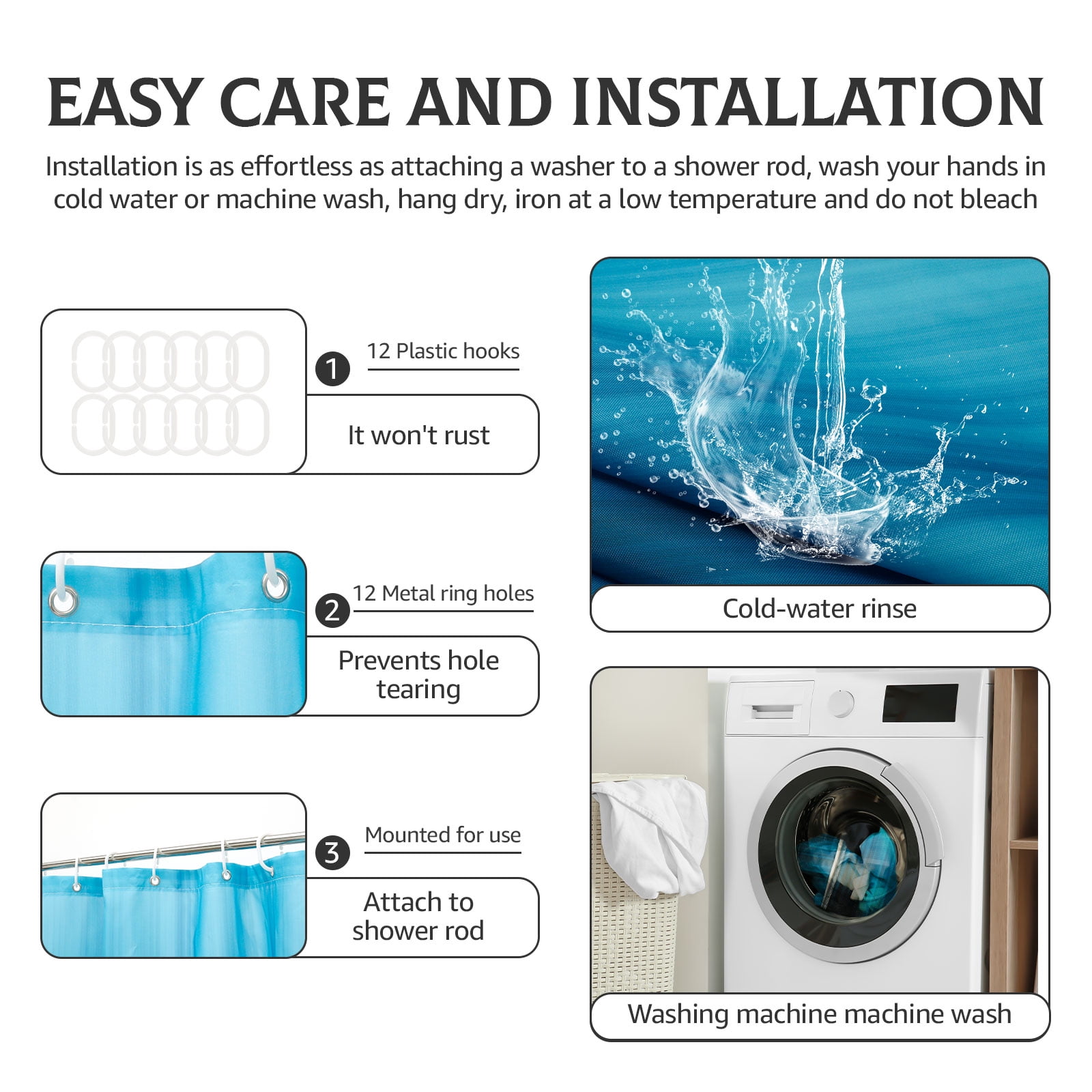 Dznils Black and Teal Ombre Shower Curtain Set with Rug, 16pc Modern Bathroom Decor Set, 72" x 72"