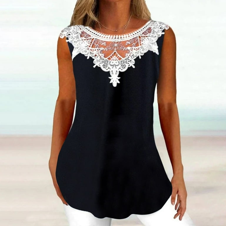 PMUYBHF Lace Tank Top Plus Size Lace Camisole for Women for Layering Tunic  for Women Loose T Shirt Fit Comfy Fashion Flowy Sleeveless Round Neck Lace