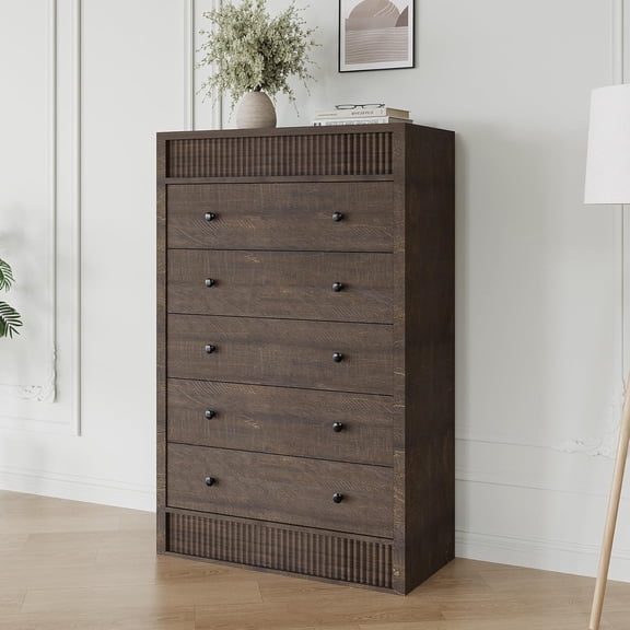 5 Drawer Tall Dresser for Bedroom, 31.5" Wide Fluted Chest of Drawers, Modern Wood Storage Cabinet for Kids Room, Hallway, Living Room, Walnut