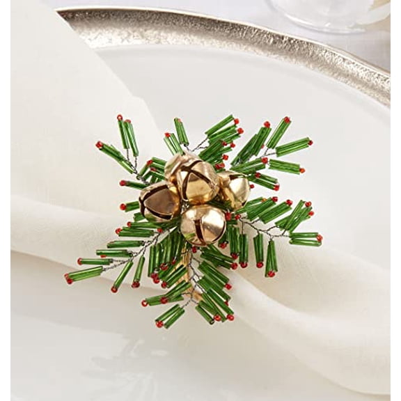 Fennco Styles Hand Beaded Snowflake & Bells Christmas Napkin Rings, Set of 4 - Red & Green Glass Beads Napkin Holders for Home, Dining Room, Banquet, Family Gathering, Holiday Décor, Special Occasion
