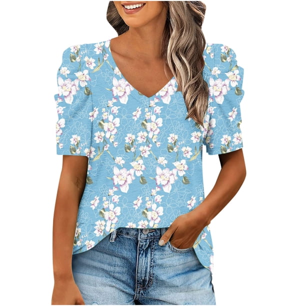 Blusa de manga corta con cuello en V y manga abullonada informal para mujer a la moda Pompotops hkajfhjk468535