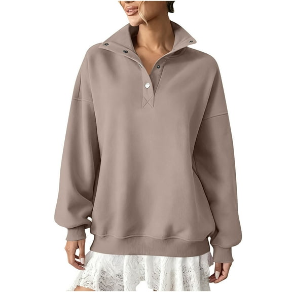Oversized Sweatshirts with Hood Womens Comfy Loose Cotton Button up Lapel Collar Pullover Fall Winter Tops (XL, Khaki)