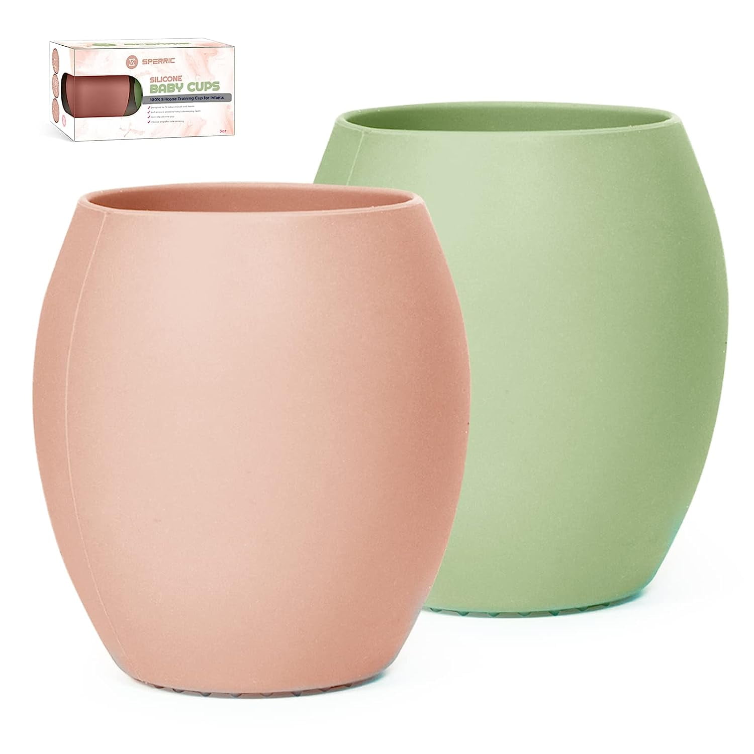 Silicone Sippy Cups For Infant’s First Stage Training - No Spill Sippy Cups For Toddlers (Rose Quartz/Lite Green)