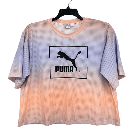 Puma Womens Purple Ombre Tie-Dyed Mesh Crew Neck Relaxed Fit T-Shirt Size XL $35