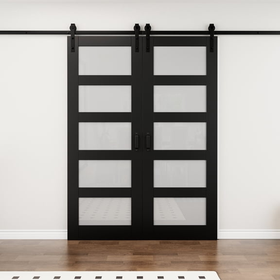 60'' x 84'' Black PVC Surface | Solid Core Wood | 5-Lite Frosted Glass Sliding Barn Door | With Installation Hardware Kit