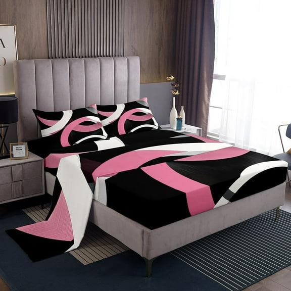 Erosebridal Abstract Stripes Sheet Set Twin,Geometric Circle Bedding Sets Twin Size,Black Pink Twin Sheet Sets,Super Cozy Round Room Decorative,3pcs