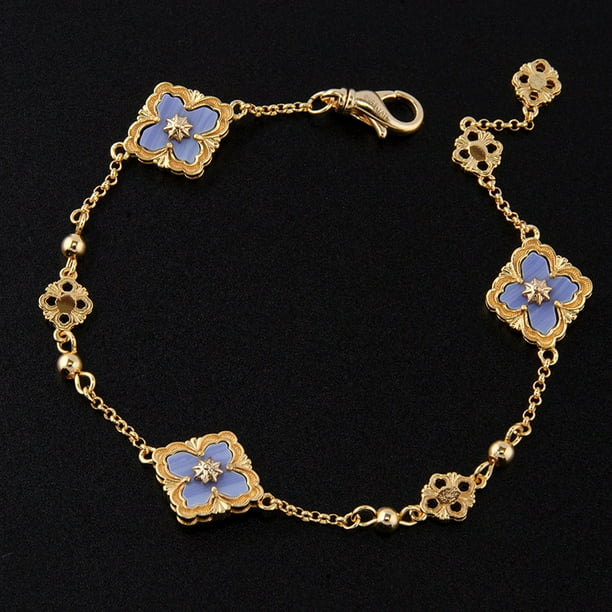 Pulsera de oro de 18 quilates con trébol de cuatro hojas y tres flores, joyería vintage para niñas