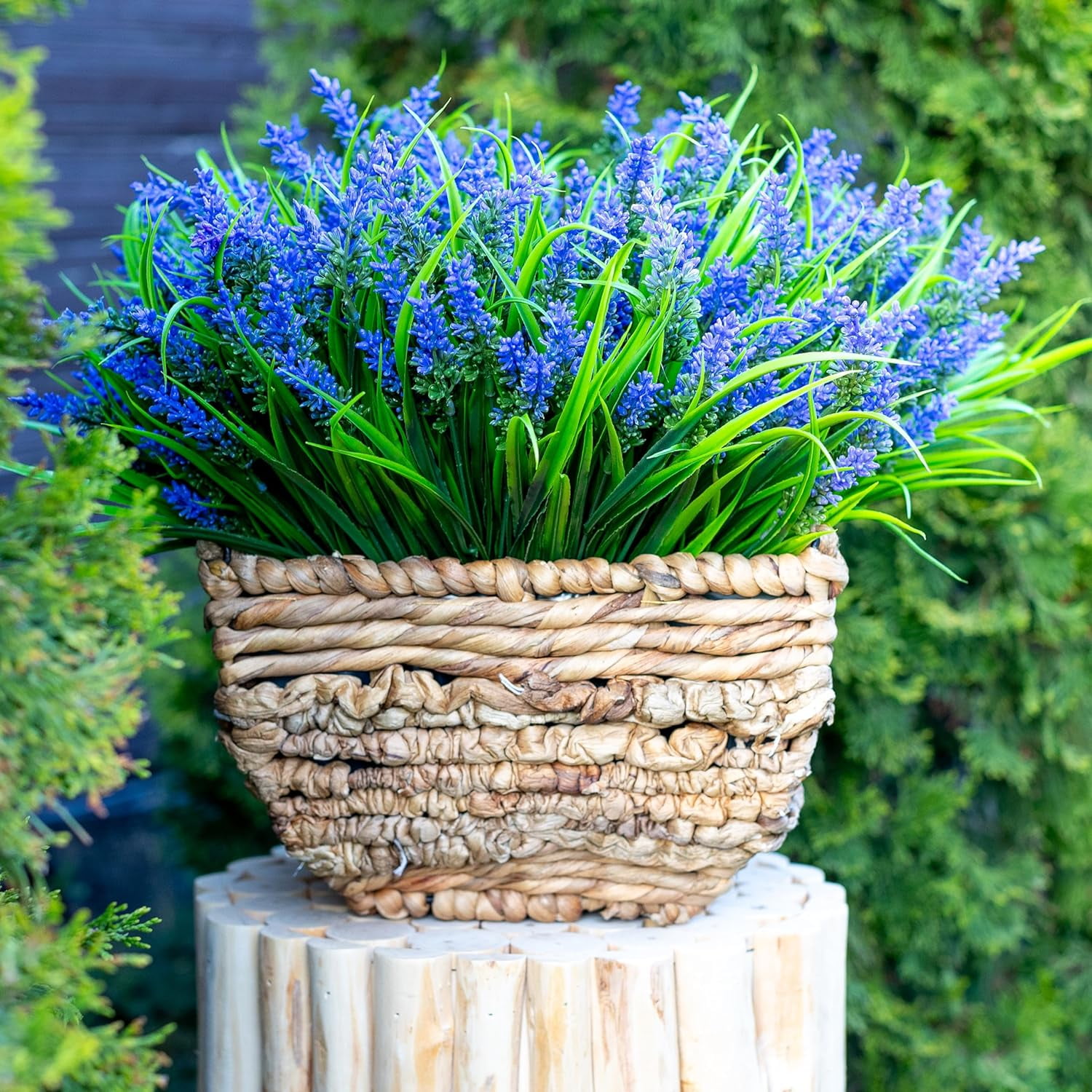 4PCS Artificial Flowers for Outdoors, Fake Lavender with Grass UV Resistant Plastic Faux Autumn Plants for Garden Thanksgiving Home Decor (Purple)