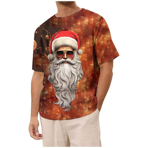 Mens Christmas Shirts Tops Short Sleeved Round Neck Daily Santa Mens Long Sleeve Tee Shirts,Orange,2XL
