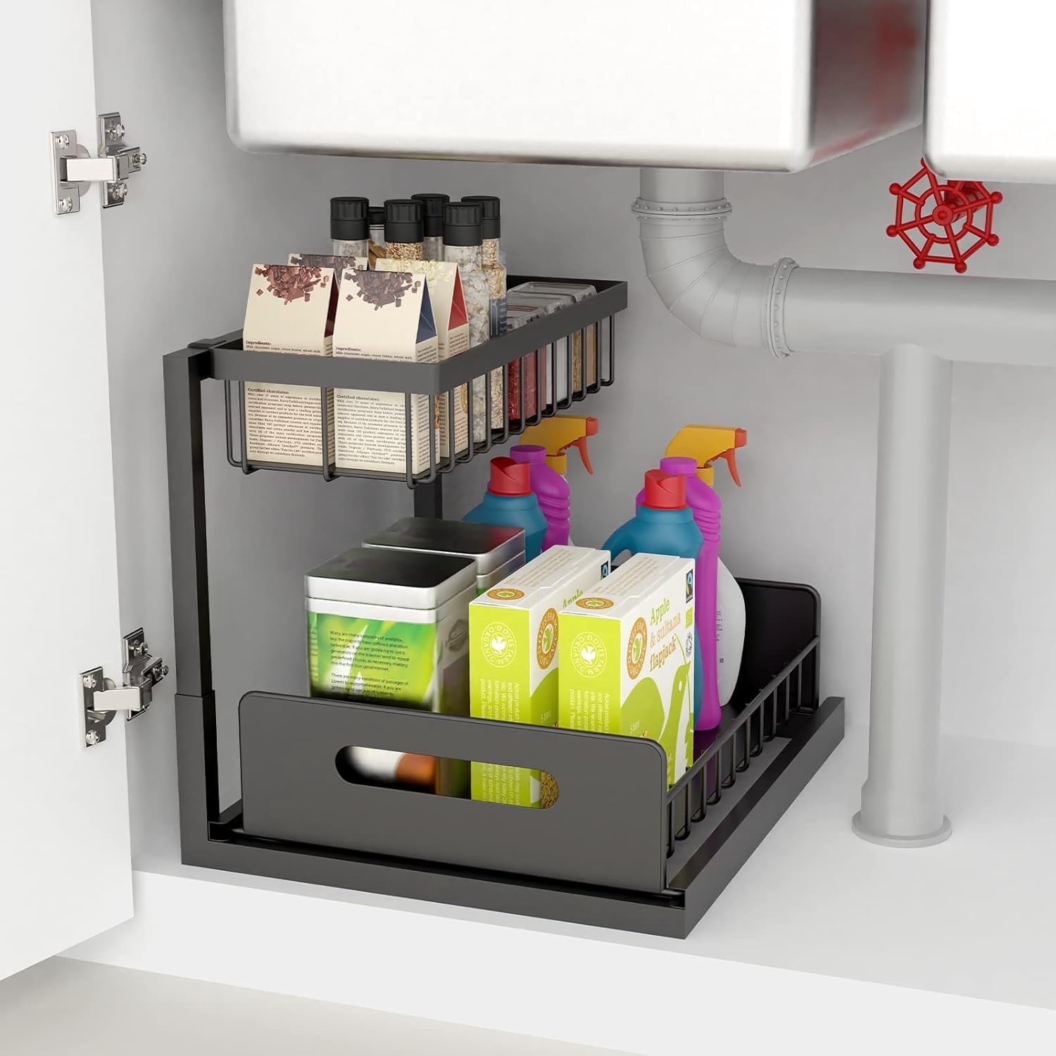 TEXIJUSO Under Sink Organizer and Storage, 2 Tier Rustproof Under Cabinet Storage, Sliding Kitchen Sink Organizer for Kitchen Bathroom