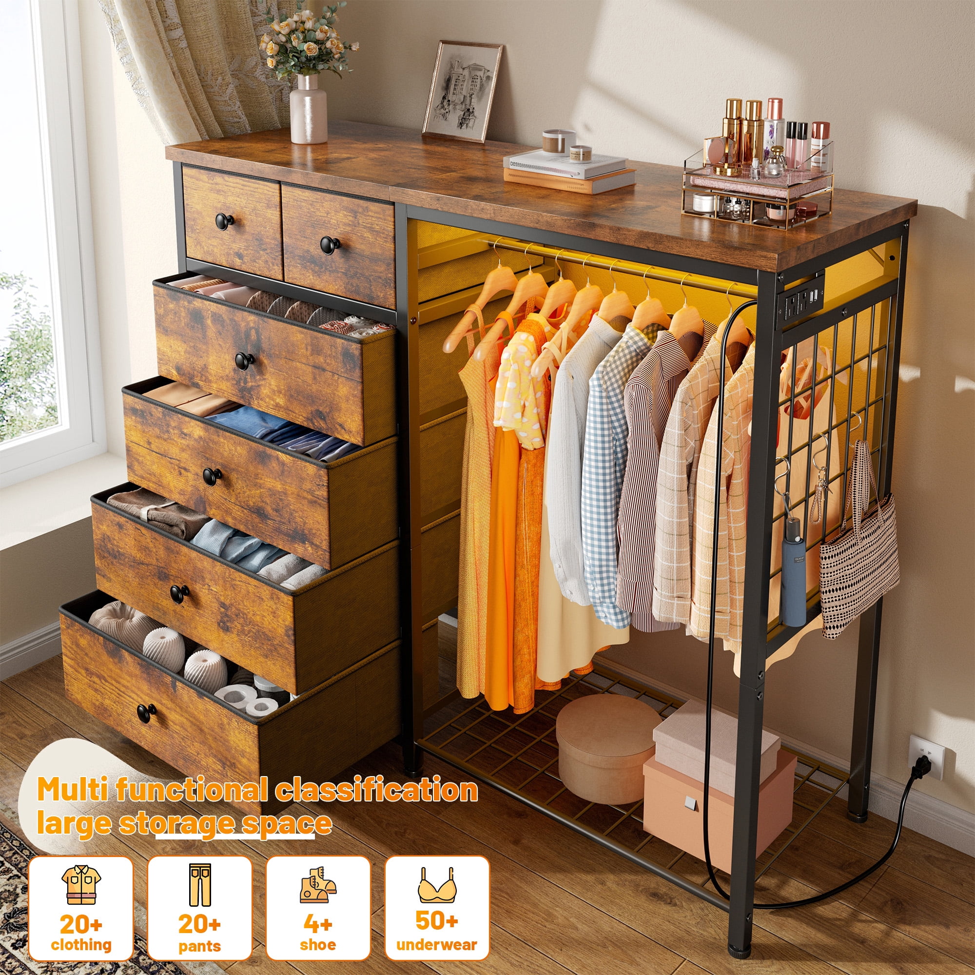 Snhomee Modern Dresser with Clothes Rack Bedroom Dresser with Hanging Rack & Side Storage Drawers Dresser with Fabric Drawers & LED Lights
