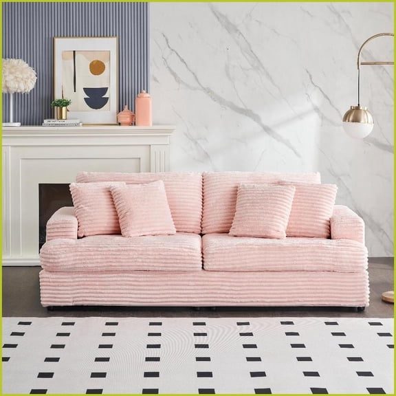 Modern 3-Seater Corduroy Sofa with 4 Toss Pillows – Spacious Comfort for Living Room | Pink | Corduroy | Solid Wood Frame