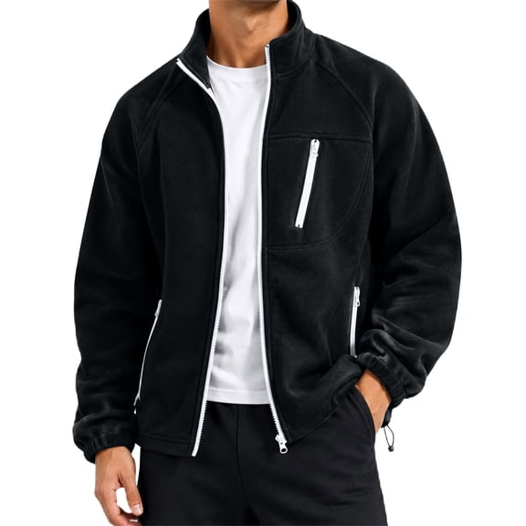 Mens Polar Fleece Jacket Long Sleeve Stand Collar Polar Jackets Lightweight Full Zip Jackets Outdoor Coat Soft Warm Fleece Jacket