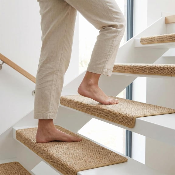 29.5"x9.5" Bullnose Stair Treads 14 Pack, Non-Slip Braided Carpet Rugs for Wooden Steps with Edge Protection, Washable Indoor Stair Runners for Pet Friendly Homes