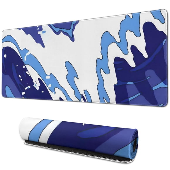 Grand Tapis de Souris pour Gamers - Design Vague Bleu & Blanc Japonais, Bords Cousus, 31.5 X 11.8 Pouces