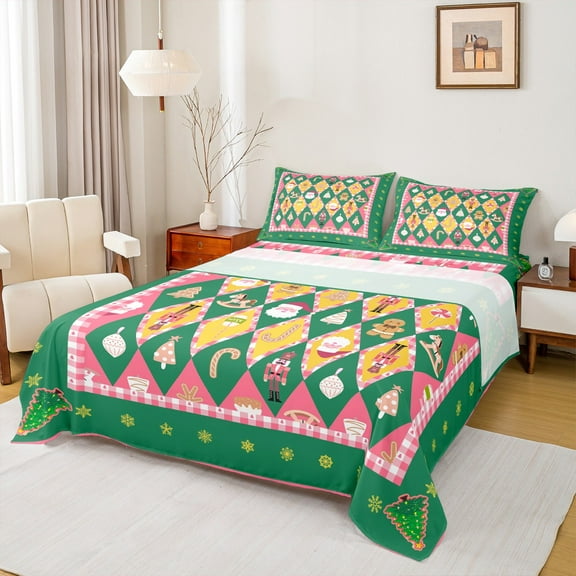 Manfei Kawaii Santa Claus Twin Sheet Sets for Kids, Green Checkered Plaid Twin Fitted Sheet, Merry Christmas Flat Sheet, Ultra Soft Home Decor, 3-Piece