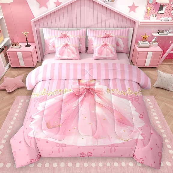 Homewish Dreamy Princess Dress 7-Piece Twin Bedding Sets for Teens Kids Children Girls,Kawaii Pink Bow Bedding Comforter Set,Geometric Stripes Breathable Sheet Sets,Lightweight Room Decor,Reversible