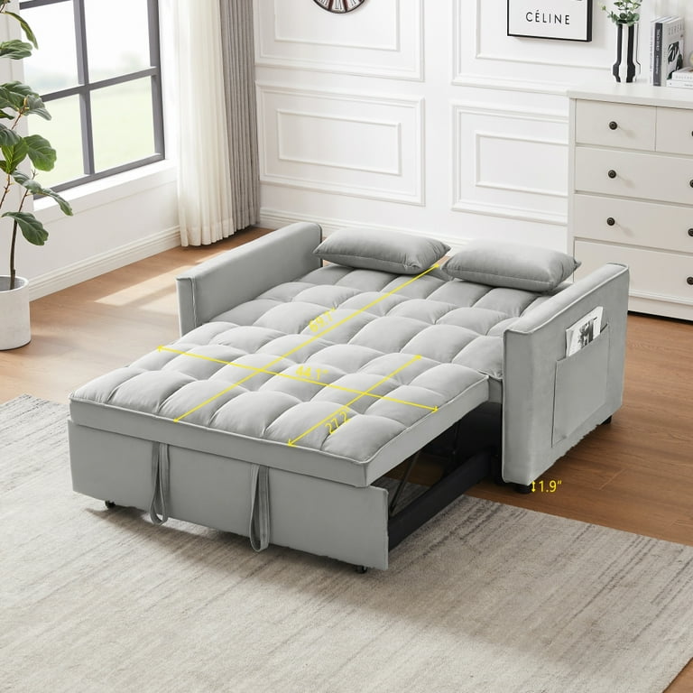 3 in 1 Convertible Sleeper Sofa Bed Modern Velvet Loveseat Futon Sofa Couch with Pull out Bed Small Love Seat Lounge Sofa with Reclining Backrest Toss