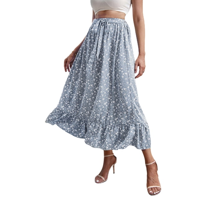 Txlixc, vestido Floral de verano para mujer, cintura alta, bohemio, fluido, falda oscilante, informal, línea A, cintura elástica, lazo, volante, longitud media, vestido de playa Txlixc Casual