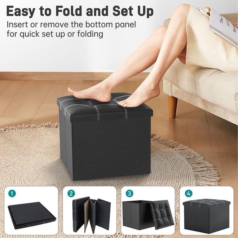 Cshidworld Storage Ottoman Footstool, 15in Folding Leather, Black photo 2