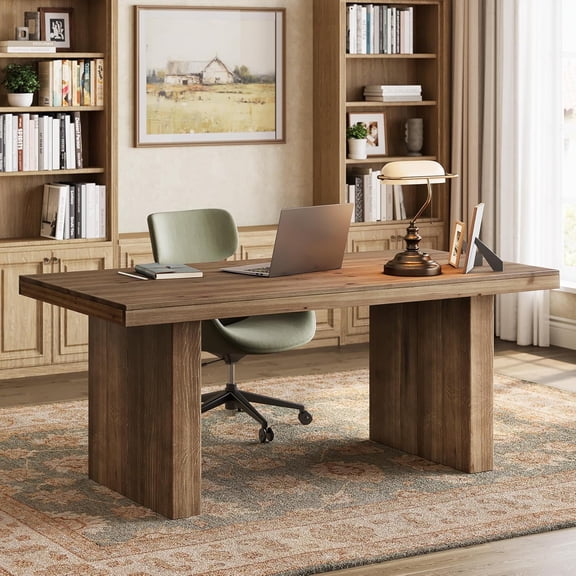 Finmind 63" Solid Wood Office Desk, Farmhouse Executive Computer Desk, Rustic Dark Brown