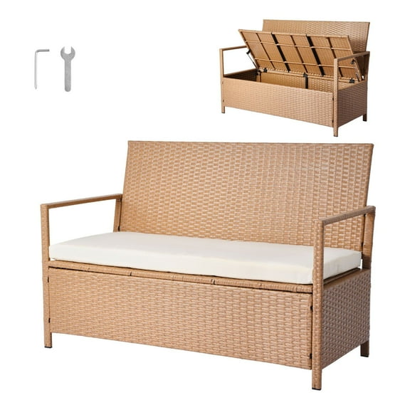 Outdoor Storage Bench 2 Person PE Rattan Deck Box with Cushion 70 Gallon Capacity Supports 265 lbs Weatherproof Patio Garden Balcony Yard Seating