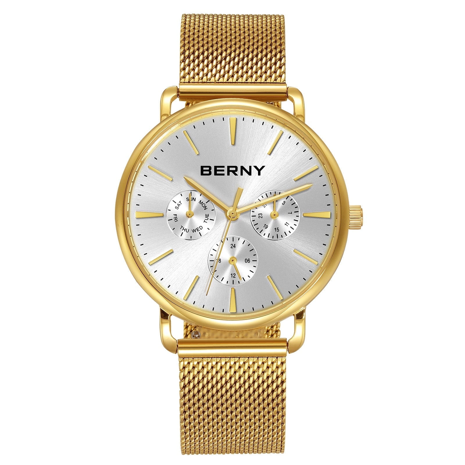 BERNY Quartz Watch for Unisex ( Men and Women), Classic Waterproof Men's Wirstwatch with Multifunctional Dials, Quick Release Stainless Steel Mesh Band,Gold &Silver