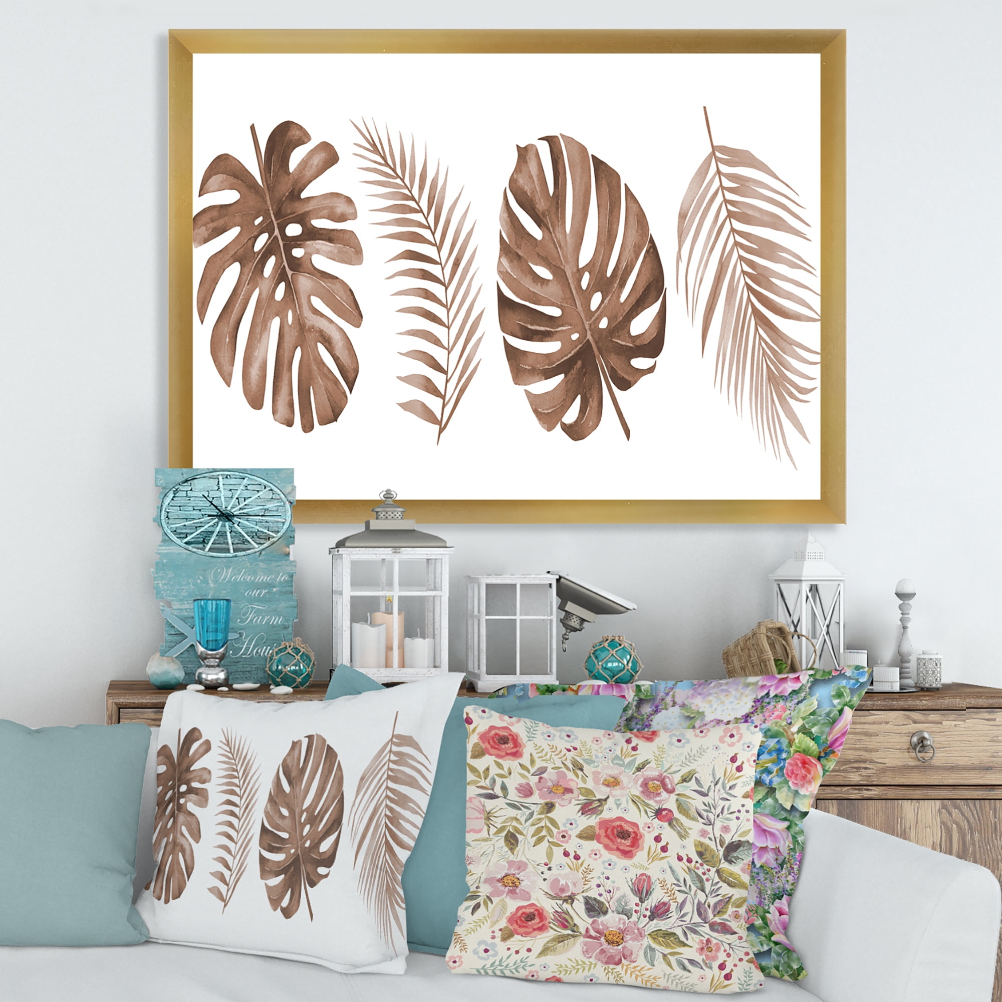 Designart 'Tropical Palm and Monstera Leaf In Terracotta' Traditional Framed Art Print