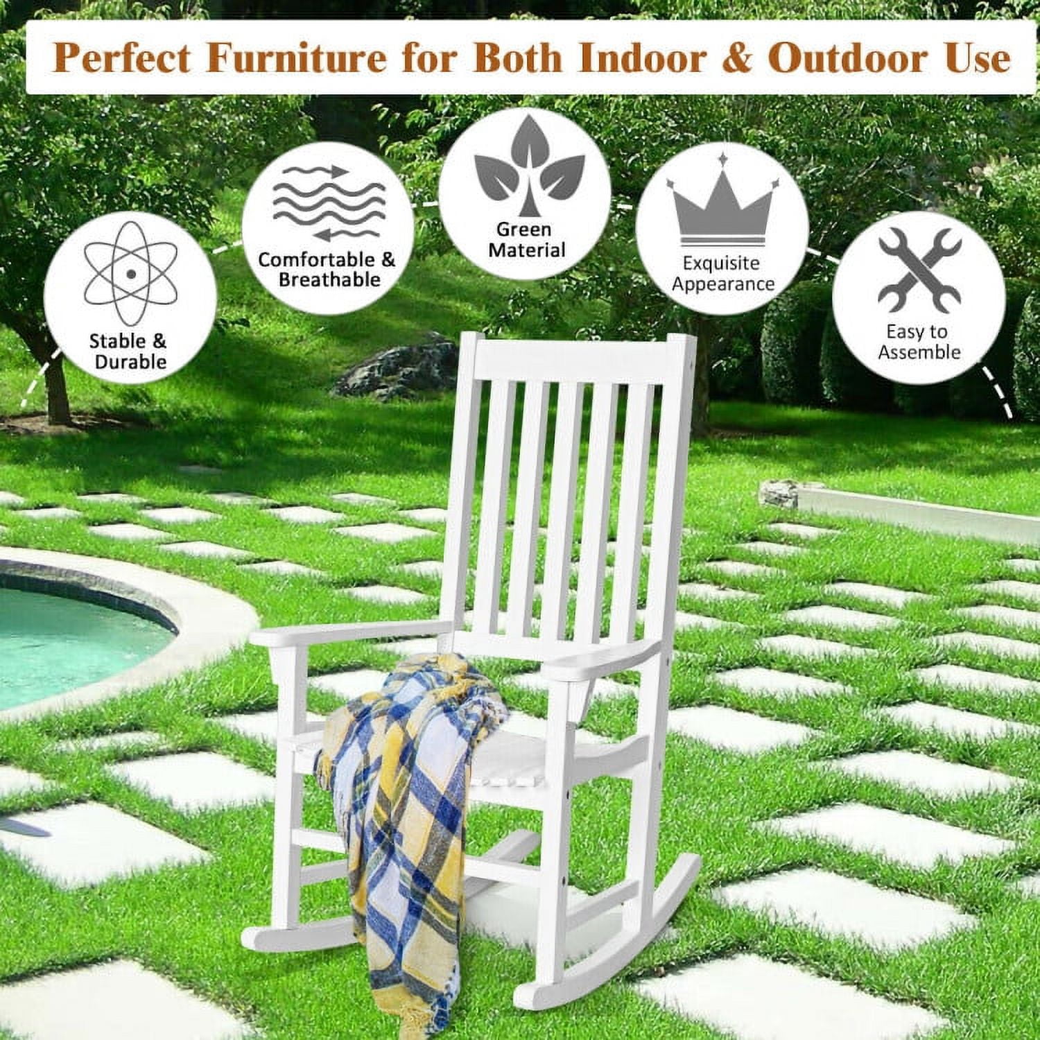 Aimee Lii Outdoor Rocking Chair, Patio Wooden Rocker Chair for Lawn, Porch, Backyard, Indoor and Garden, White