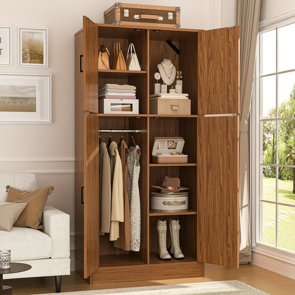 Homieasy Wooden Armoire Wardrobe Closet with 4 Doors, 70.9'' Tall Freestanding Wardrobe Closet with Hanging Rod and Adjustable Shelves for Bedroom, Closet, Dorm Room, Red Oak