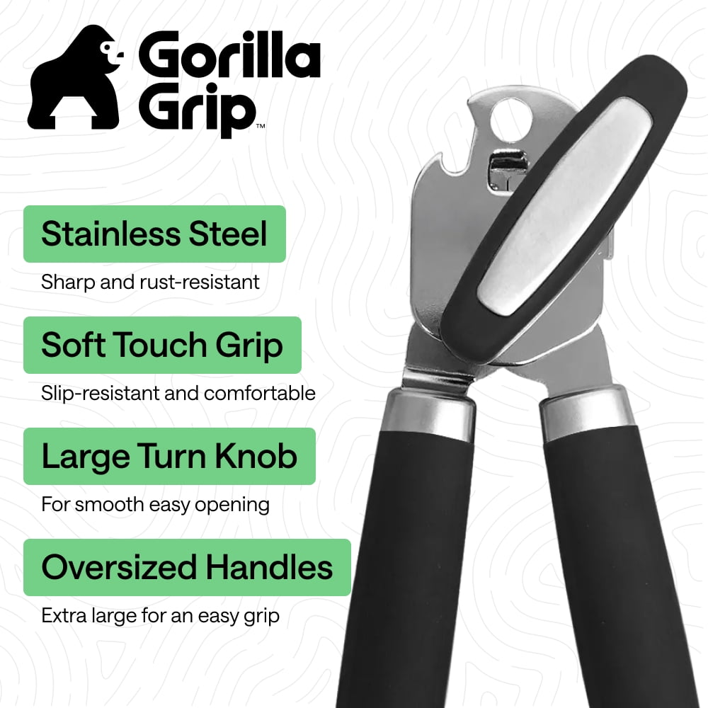 GORILLA GRIP Stainless Steel Manual Can Opener, Soft Touch Handle, Built-In Bottle Opener, Black