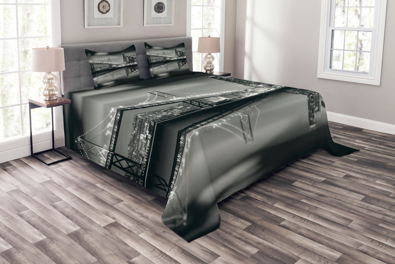 Black and White Bedspread Set Queen Size, San Francisco Bay Bridge Metropolis Panorama View with