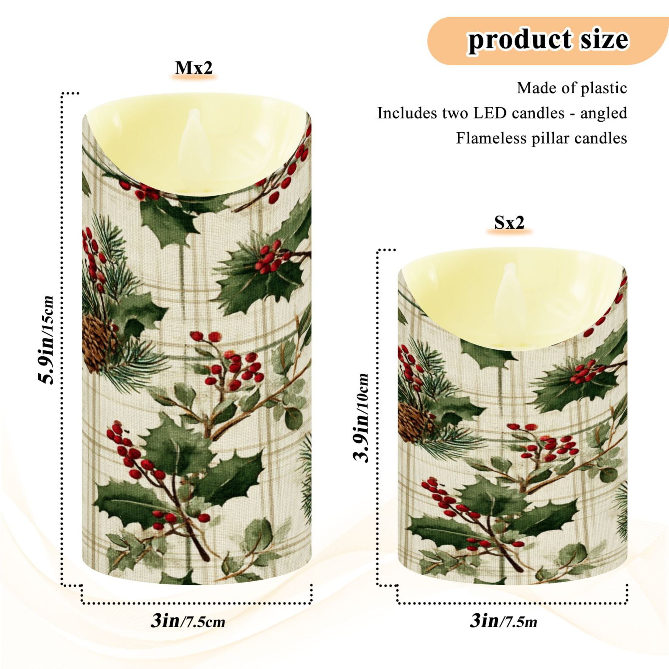 2 PCS Tilted Flameless Candles Flickering LED Lights Battery Operated Candles with Remote Timers for Holiday Decor Pine Boughs and Holly Pattern