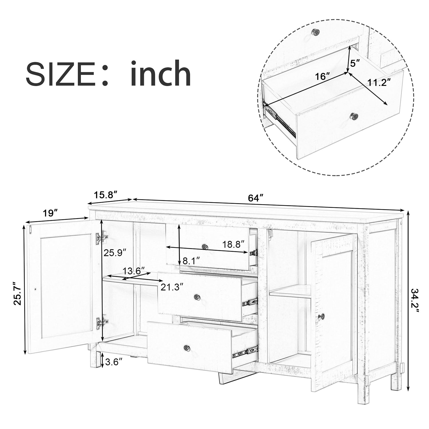Kadyn Kitchen Storage Cabinet, Modern Solid Wood Buffet Cabinet with 2 Storage Cabinets and 3 Drawers, Wide Accent Cabinet for Living Room, Antique White Kadyn Kitchen Storage Cabinet, Modern Solid Wood Buffet Cabinet with 2 Storage Cabinets and 3 Drawers, Wide Accent Cabinet for Living Room, Antique White