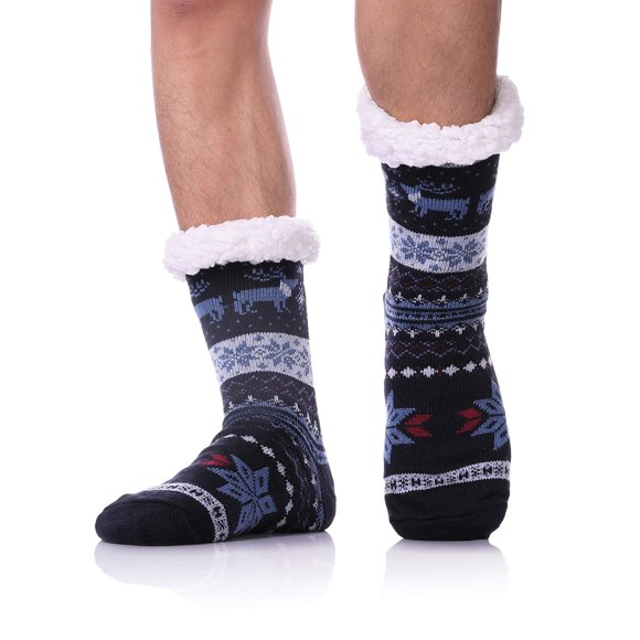 DYW Chaussettes Pantoufles pour Hommes Chaudes Épaisses Thermiques Doublées en Polaire Chaussettes d'Hiver Antidérapantes (Bleu Foncé A)