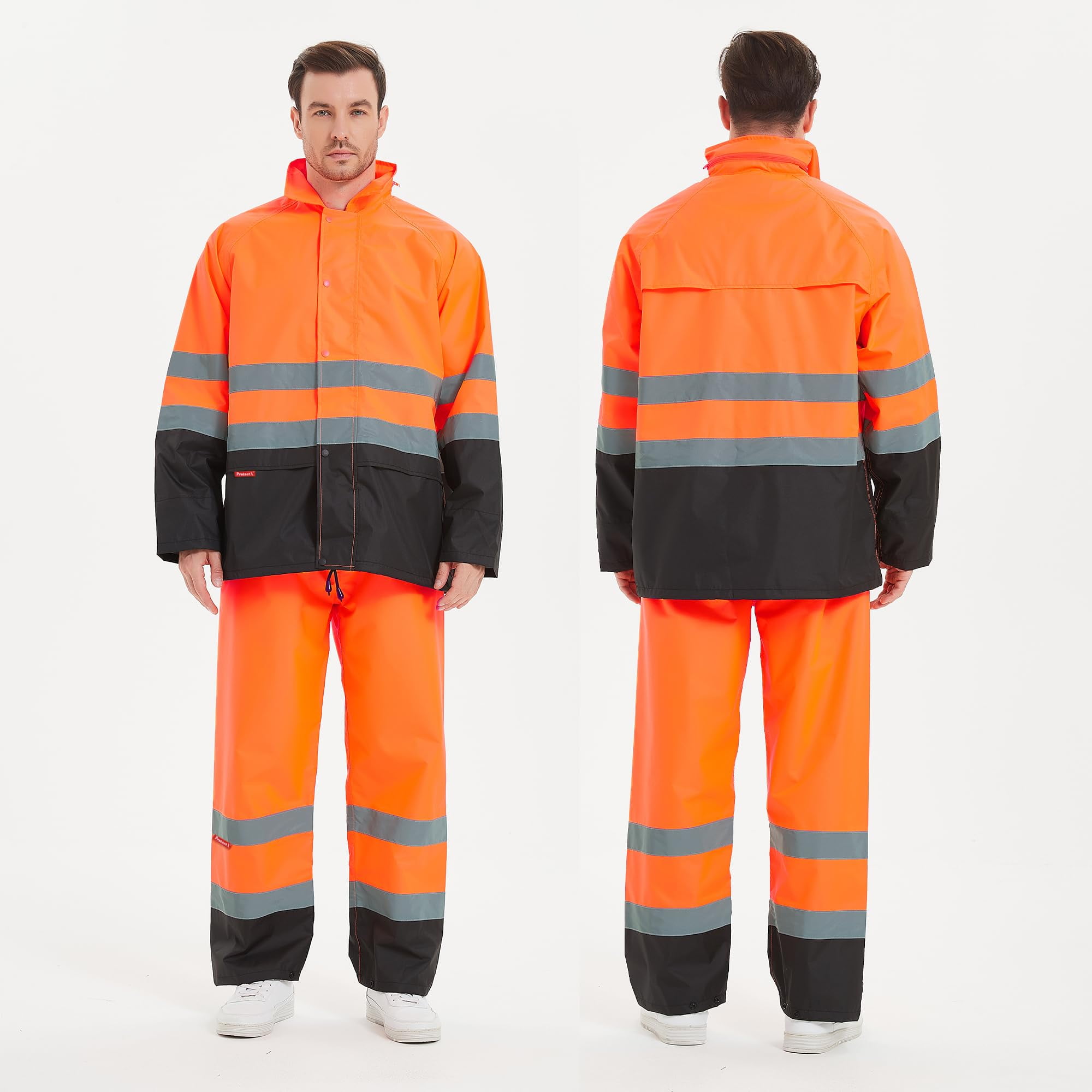 ProtectX Hi Vis Safety Rain Jacket and Pants, Waterproof Reflective Rain Gear for Farming Fishing Work, Men Women Rain Suit with Inner Mesh Lining and Pockets, Orange