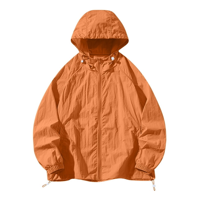 Mens Light Jacket Cooling Sun Protection Hoodie Full Zip up with Drawstring Solid Color Long Sleeve Summer Coat for Fishing Hiking Athletic Running Orange