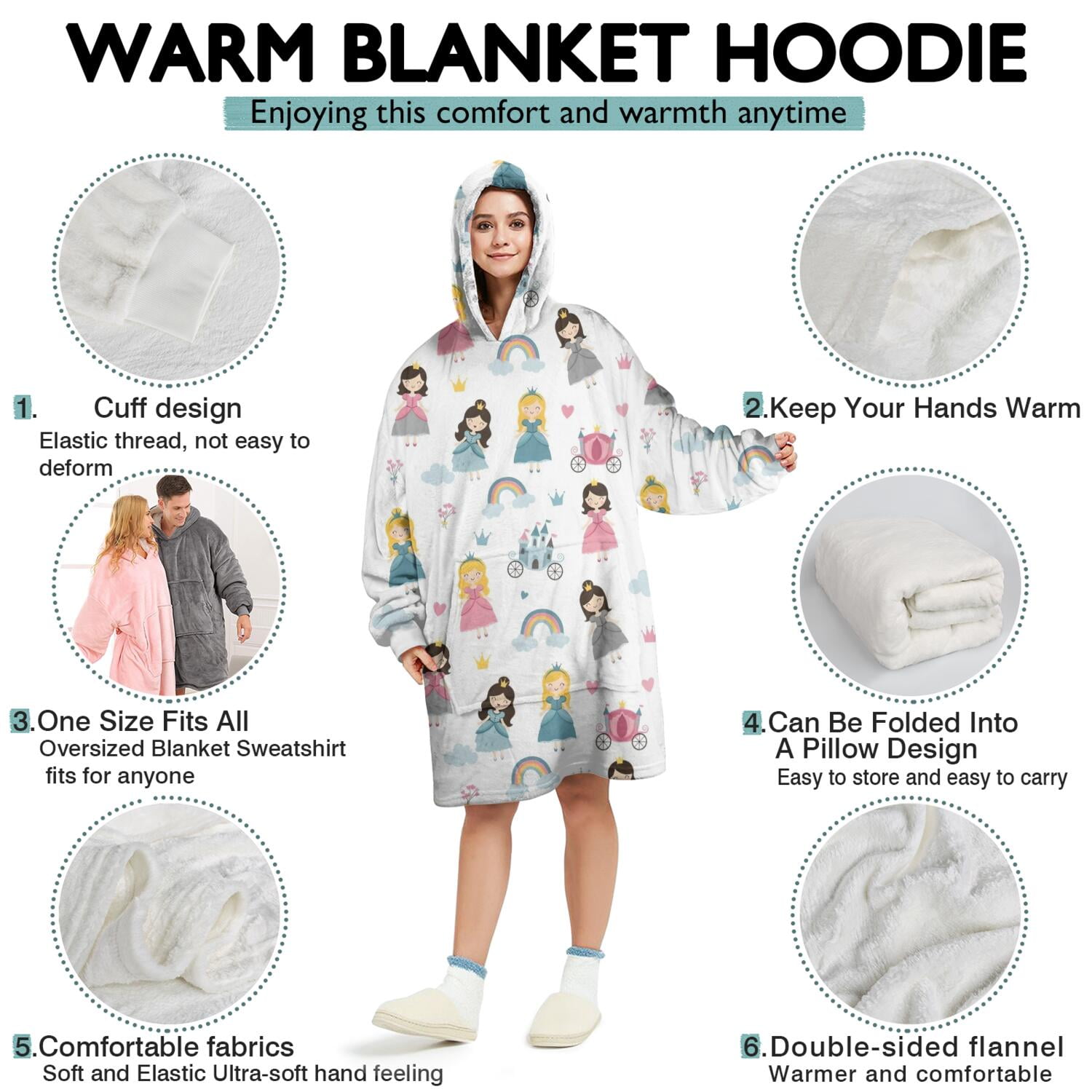 Wearable Oversized Blanket,Princess Carriage Castle Pattern Wearable Blanket Hoodie for Adults,Cozy Hooded Blankets with Super Pockets,Super Warm Fuzzy Pullover for Women & Men