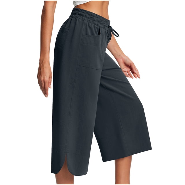 ameIAEA Womens Wide Leg Capri Pants Elastic Waist Drawstring Cropped Trousers with Pockets