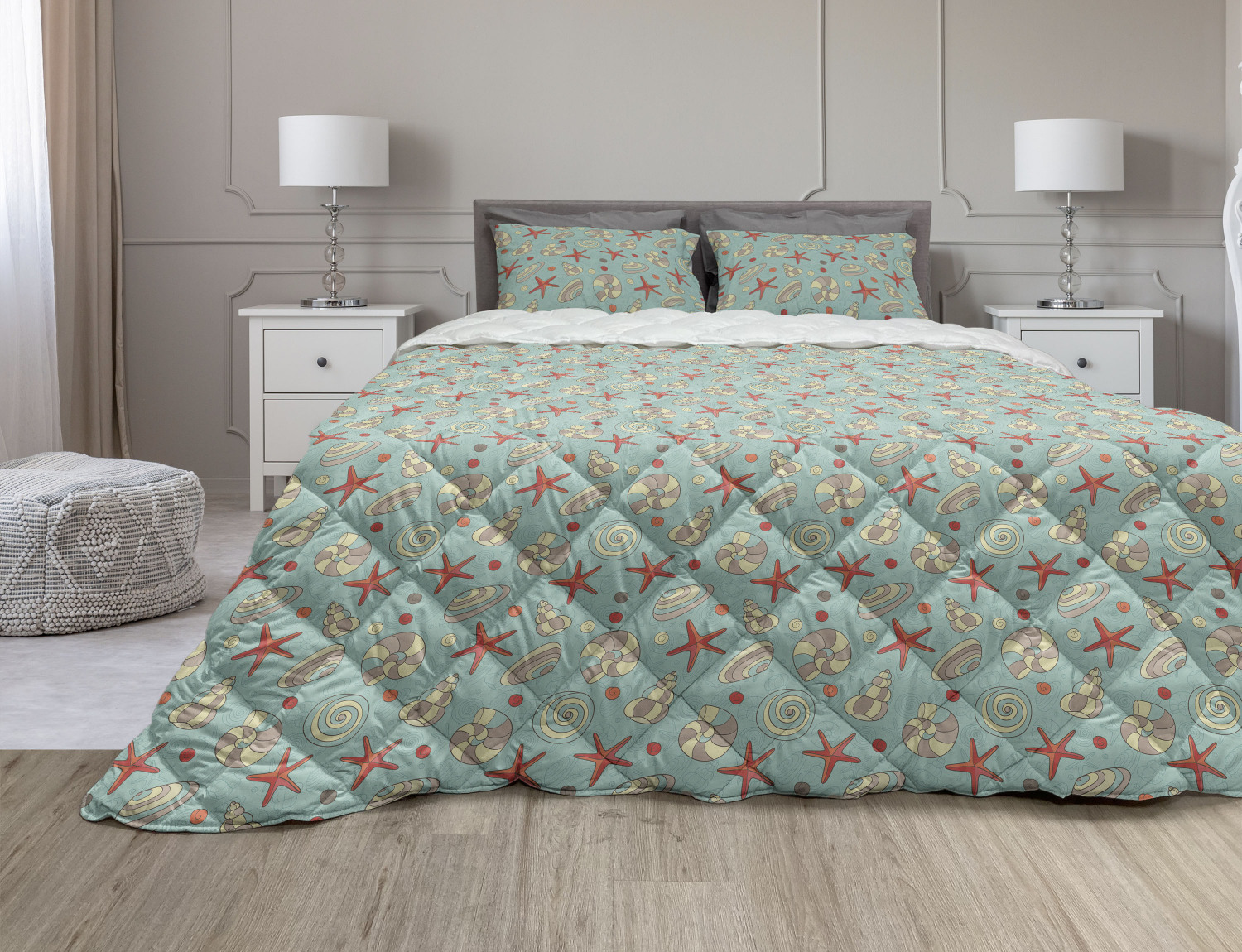 Shell Comforter & Sham Bedding Set, Nautical Theme Cartoonish Different