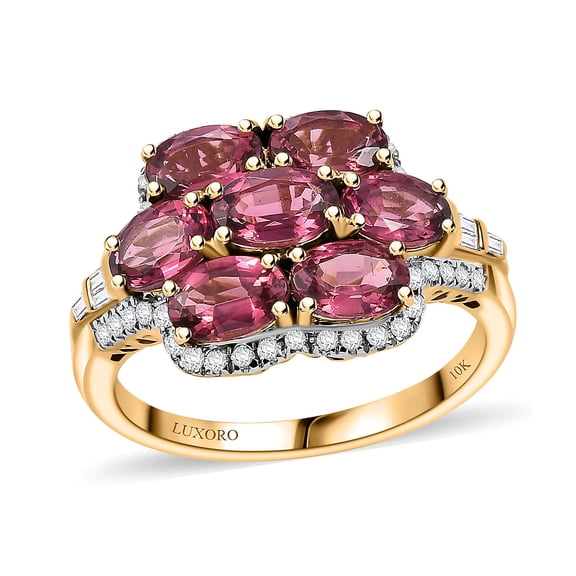 LUXORO AAA Rubellite White Diamond Oval 10K Yellow Gold Ring for Women Jewelry Birthday Christmas Gifts Size 6 Ct 2.98