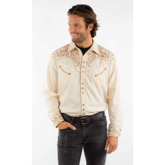 Scully Men's Embroidered Scroll Long Sleeve Snap Western Shirt, Cream, X-Small