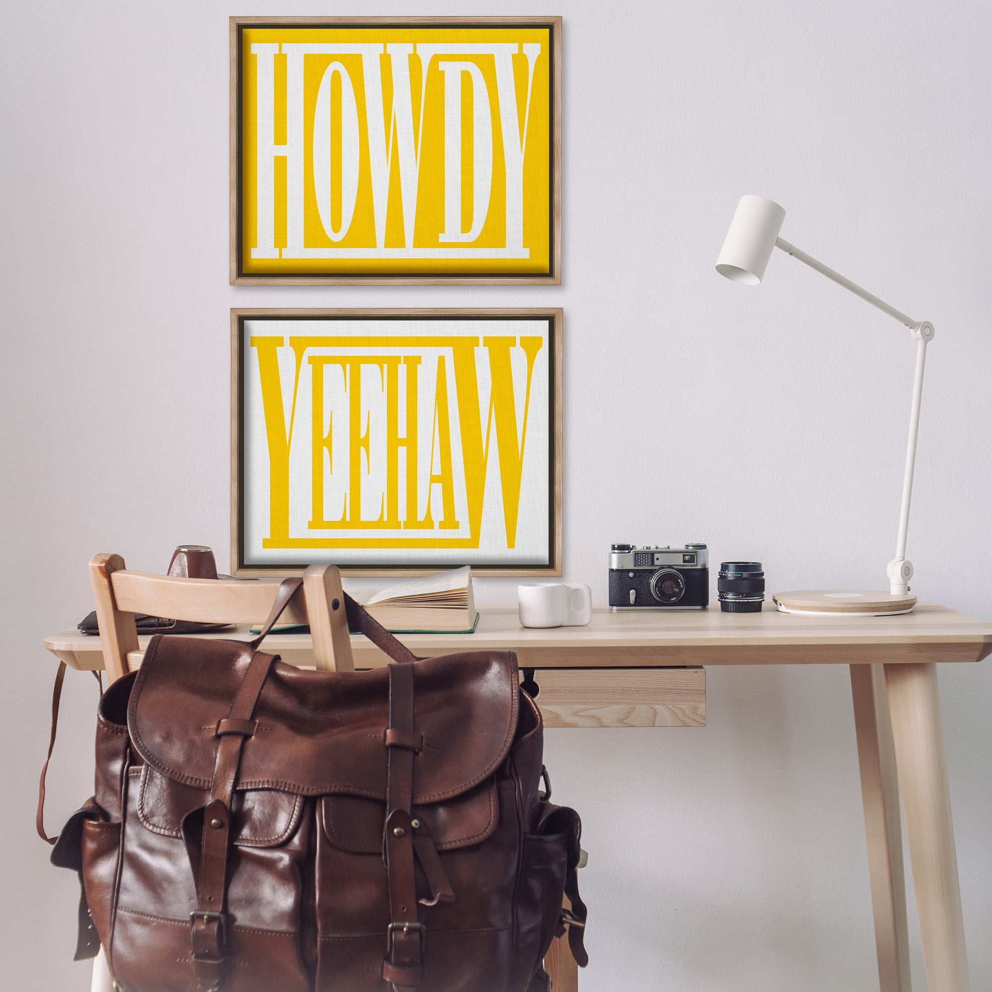 Stupell Industries Yellow Howdy & Yeehaw Typography Painting Brown Floater Framed Canvas Art Print Wall Art, 31 x 25, Set of 2