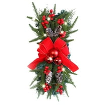 Christmas Swags Wreaths for Front Door, 19" Artificial Christmas Pine Wreath with Red Berries Branch Pinecone Xmas Balls Bowknot Flocked Snow Wall Hanging Stairway Swag for Holiday Wall Window Decor