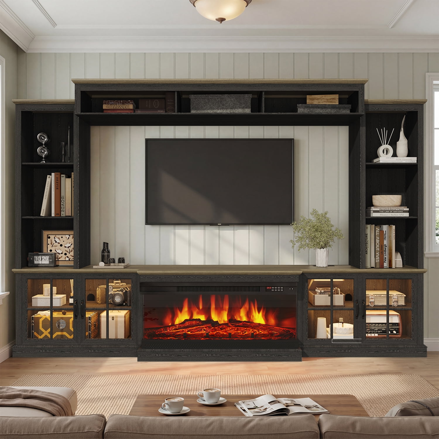 Sonegra 98" Farmhouse Entertainment Center with 36" Fireplace, TV Stand, Bookshelf, Cabinet, Fits TVs up to 75", Media Console with Power Outlets and Barn Doors for Living Room, Black