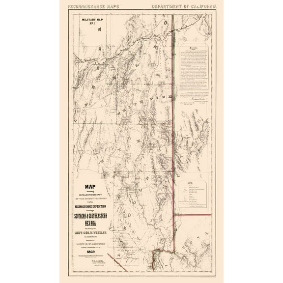 Historic State Map - Nevada - Wheeler 1869 - Vintage Wall Art