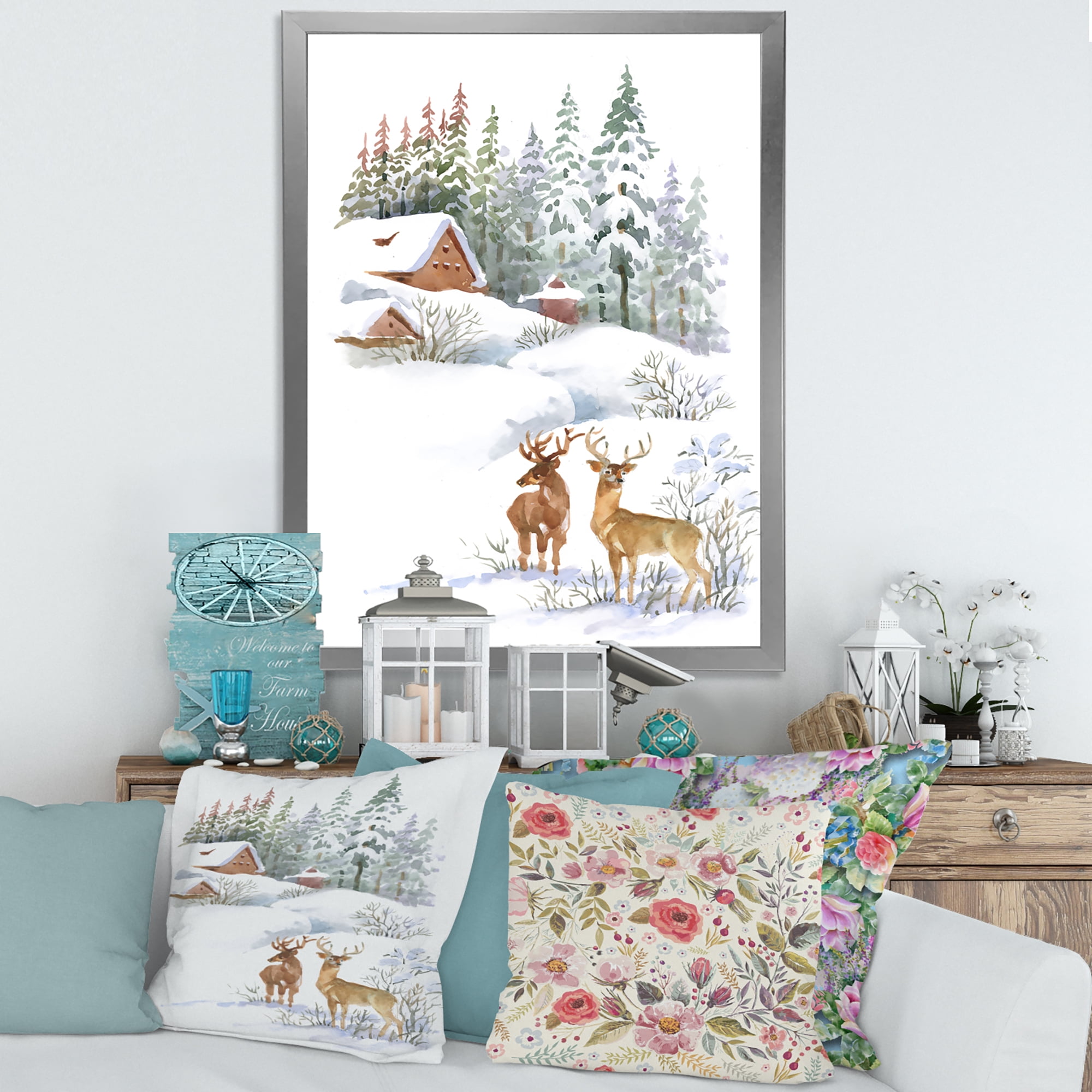 Designart 'Two Deers With Winter Cottage' Farmhouse Framed Art Print