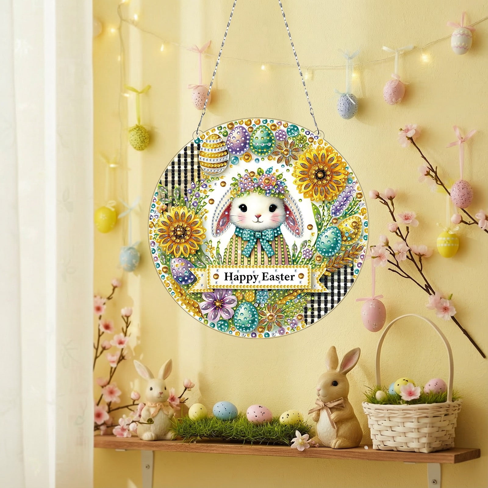 FLOPESN Circular Traditional-Style DIY Diamond Art Painting Pendant Easter Creative Design PET Material Home Decor Pendant