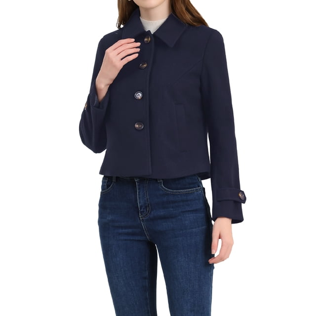 REFINED ATTIRE Abrigo corto de mujer con solapa, cierre de botón de un solo pecho, color azul marino, talla L